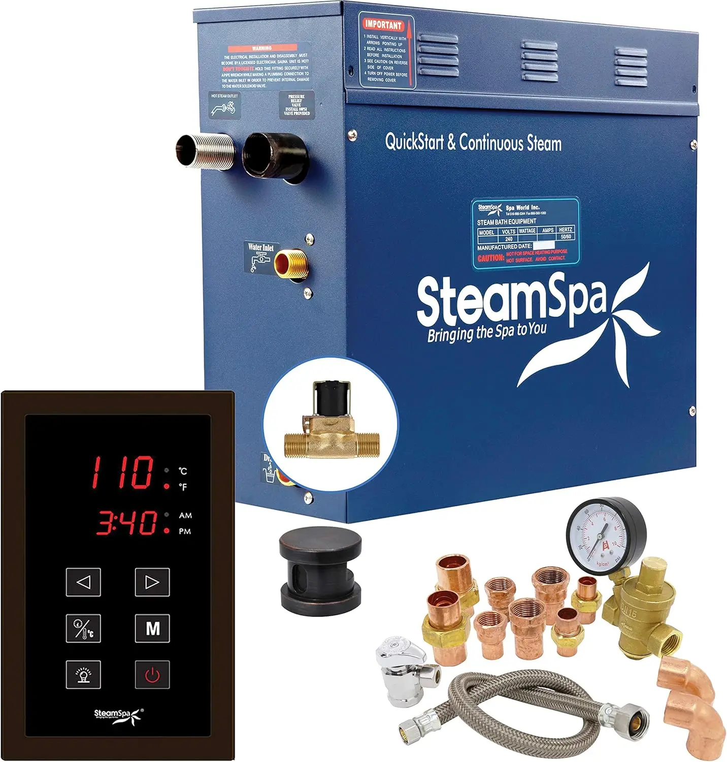 Steamspa 9Kw Steam Sauna Generator Premium Bundle 240V Steam Generator With Touch Pad Control, Steamheads, Pressure Relief