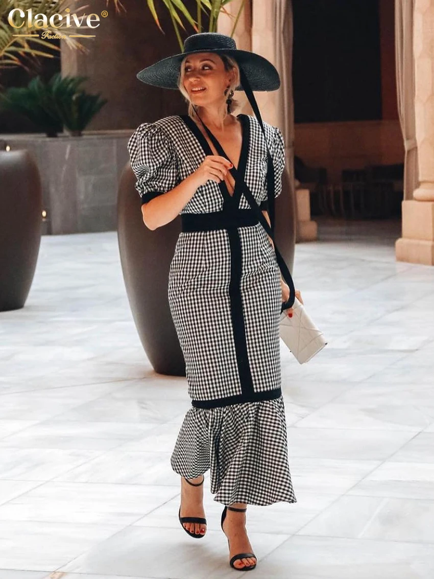 

Clacive Sexy Black Plaid Women's Dress Summer V-Neck Short Sleeve Ankle Length Dresses Elegant Classic High Waist Female Dress