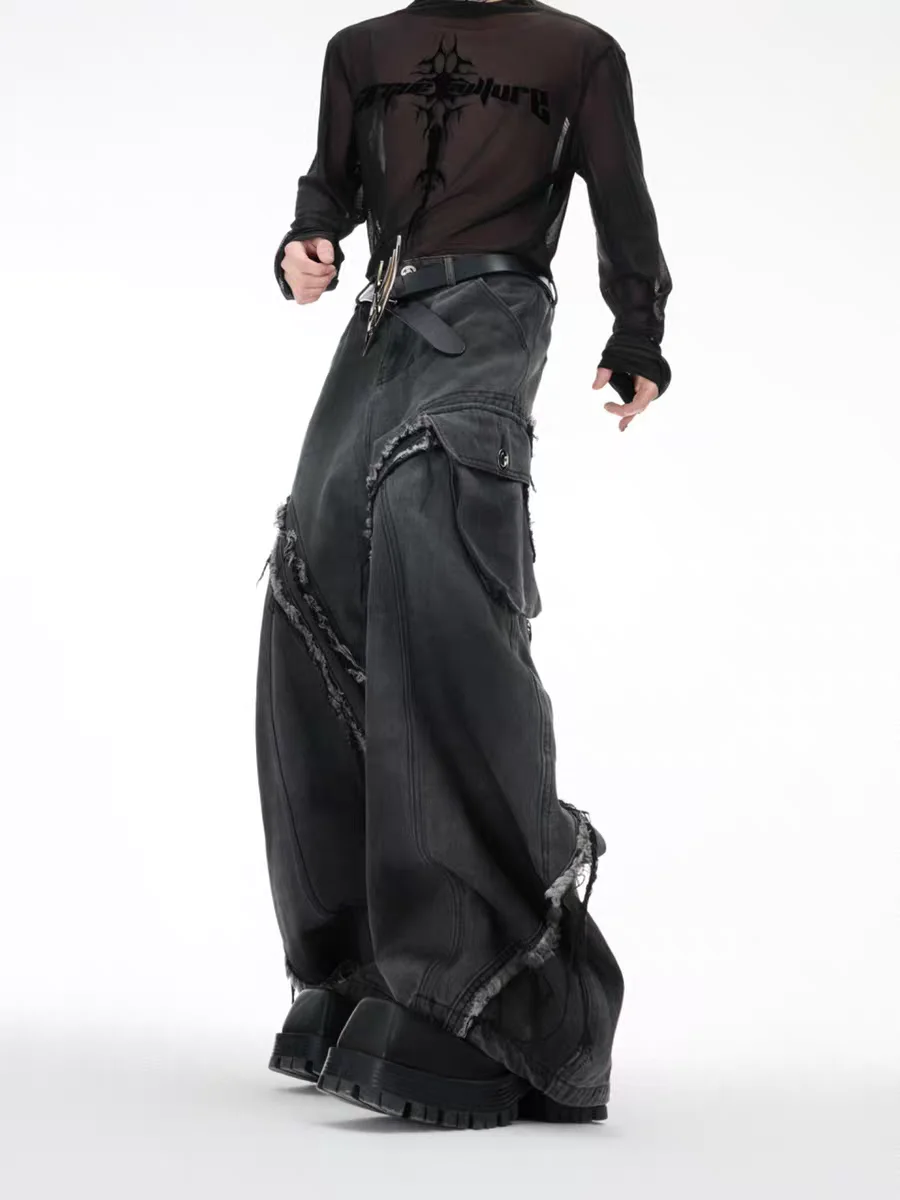 

Retro American Deconstructed Frayed Casual Loose Men's Jeans Design Sense Small ence Workwear Denim Pants