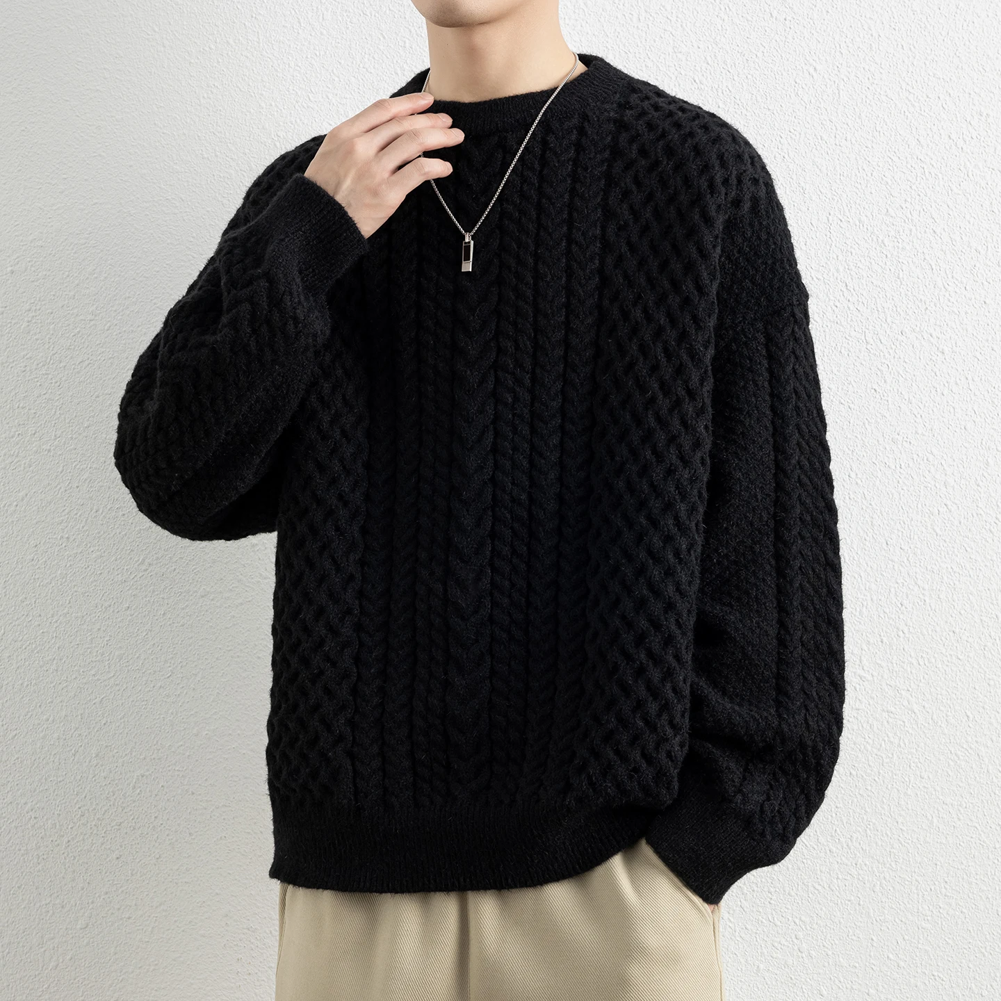 

Мужской вязаный свитер Thiened Vintage Twist: свободный крой, теплый, для ношения под одеждой, с длинным рукавом, круглым вырезом, пуловер, трикотаж