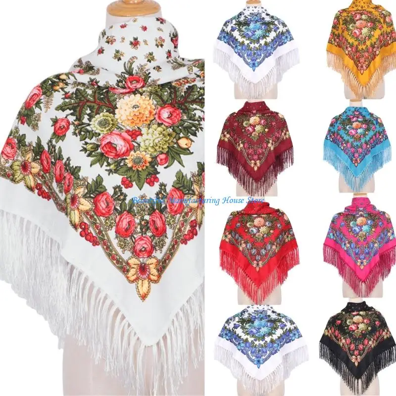 E56A Lightweight Printed Square Scarf Adjustable Fringed Shawl Comfortable Polyester For Daily Wear Outdoor Indoor Use