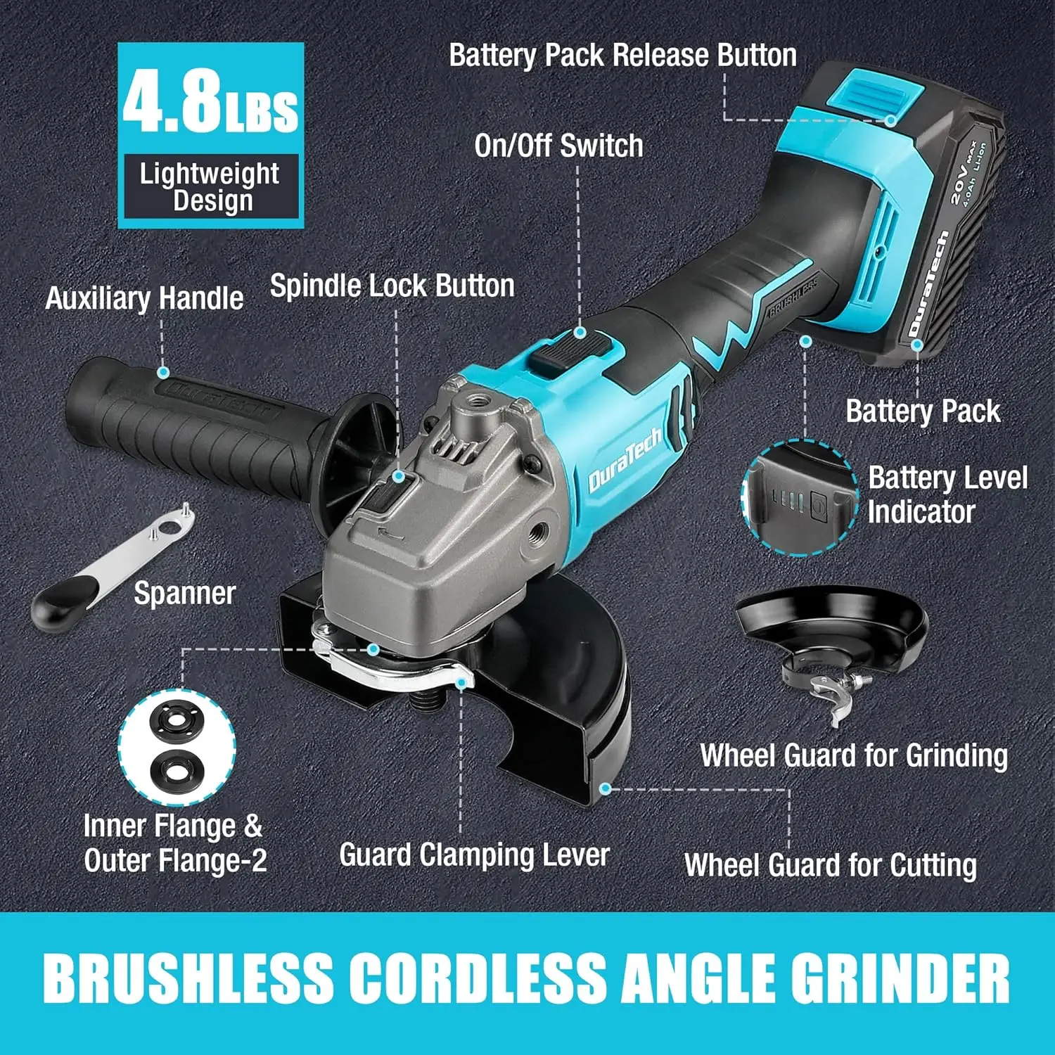 Duratech 20V Cordless Angle Grinder Kit, Brushless Motor, 4-1/2