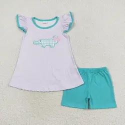 New rts infant girls summer suit wholesale boutique embroidered bow crocodile purple striped flying sleeve shorts set GSSO1286