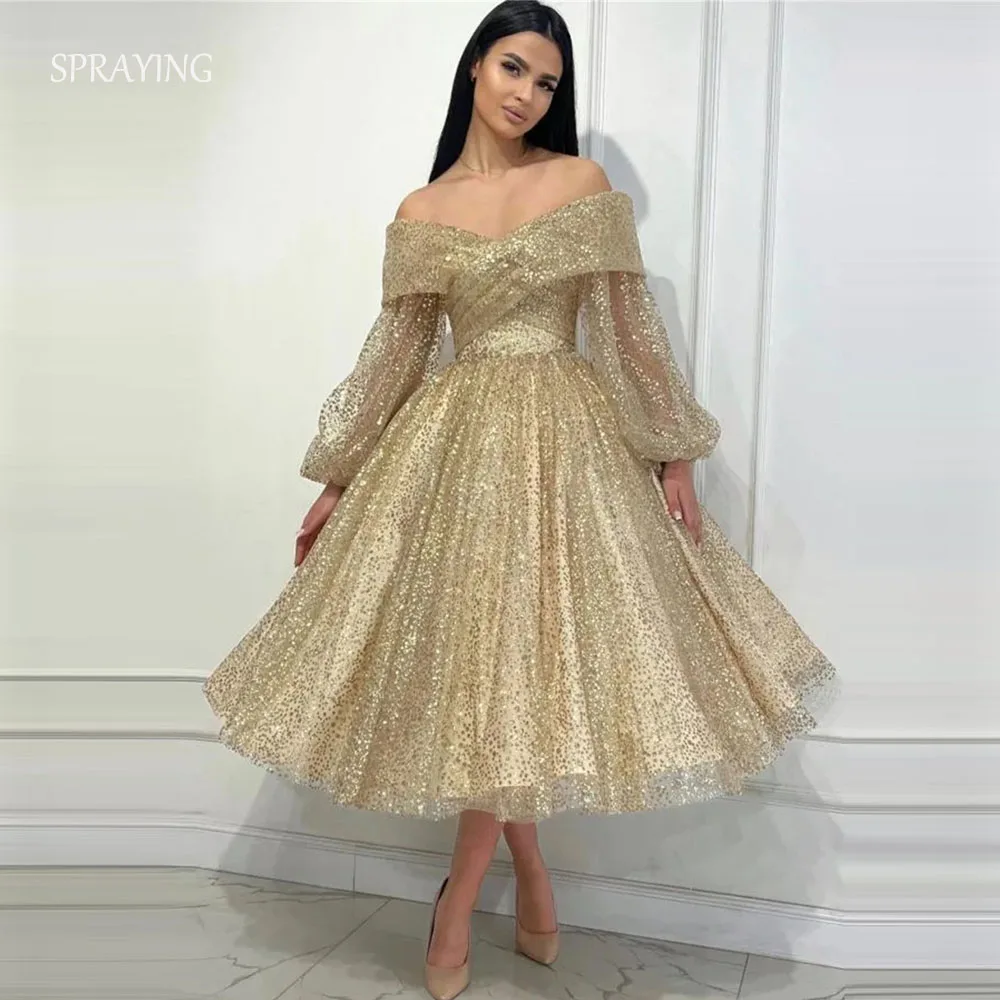 

SPRAYING Customization Shiny Mini Prom Dress Off Shoulder Puff Sleeve Homecoming Party Dress for Women Ball Gown Formal Evening