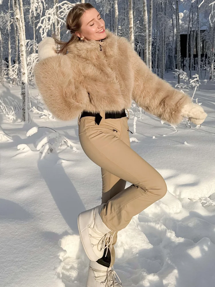 Women Faux Fur One Piece Ski Suit Zip‑Up Cropped Fur Top Belted Flared Snow Pants Winter Outdoor Waterproof Ladies Snow Jumpsuit
