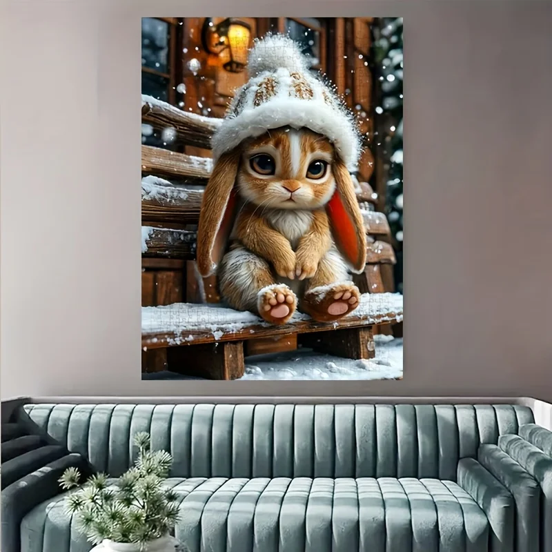 Puzzle zimowe z królikami - 1000 elementów, trudna gra DIY dla dorosłych i rodzin, biały prostokątny kształt z motywem śnieżnego krajobrazu