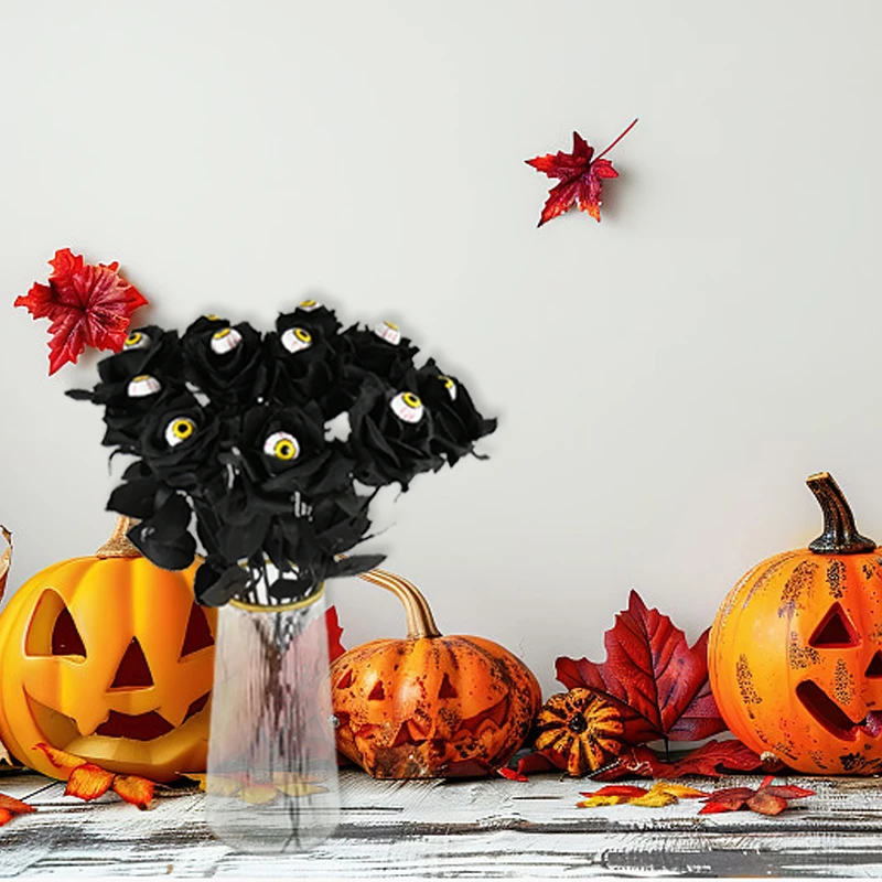 5P هالوين الورود السوداء زهرة اصطناعية مع مقلة عين واقعية طويلة الجذعية باقة الورد الأزهار هالوين ديكور المنزل الطرف