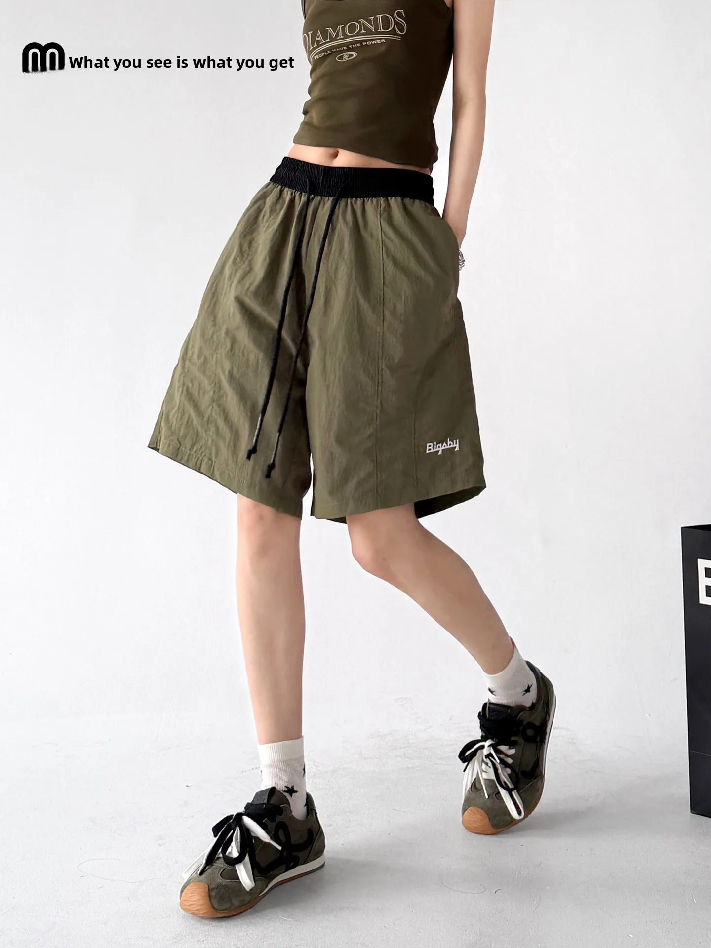 

Military Green Sports Shorts Women's Summer New Elastic Waist Drawstring Casual Straight Leg Pants Versatile Comfortable Fit