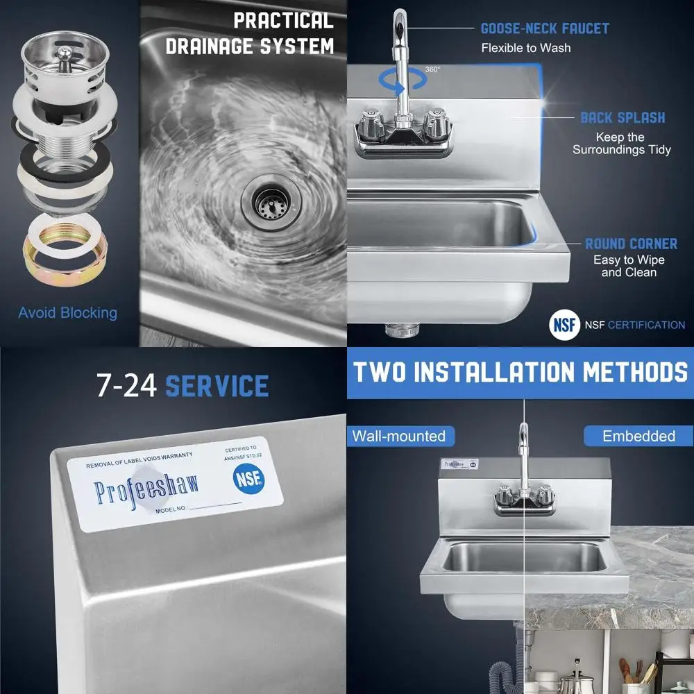 

Коммерческая настенная раковина из нержавеющей стали с краном на гибкой стойке, сертифицированная NSF, для ресторанов, баров, магазинов и дома, 17x15,