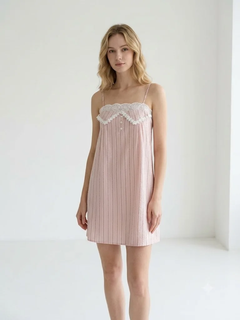 Crafted Women's Pink Vertical Striped Cami Nightdress Featuring Delicate White Lace Trimming Front Buttons Adjustable Straps New