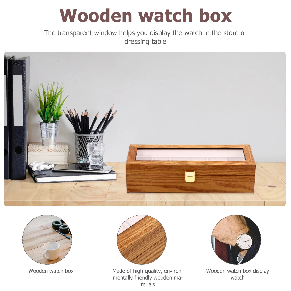 

1Pcs 6 Slots Vintage Wooden Watch Box Durable Eco-Friendly Easy Carry Transparent Display Window Removable Pillows Protect