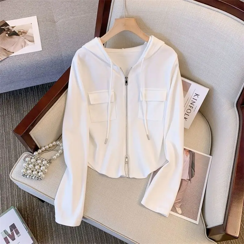 Women's Double Zippered Hoodie Women Clothing Korean Fashion Solid Color Sweatshirts Long Sleeve Top Thin Jacket Sporty Hoodies