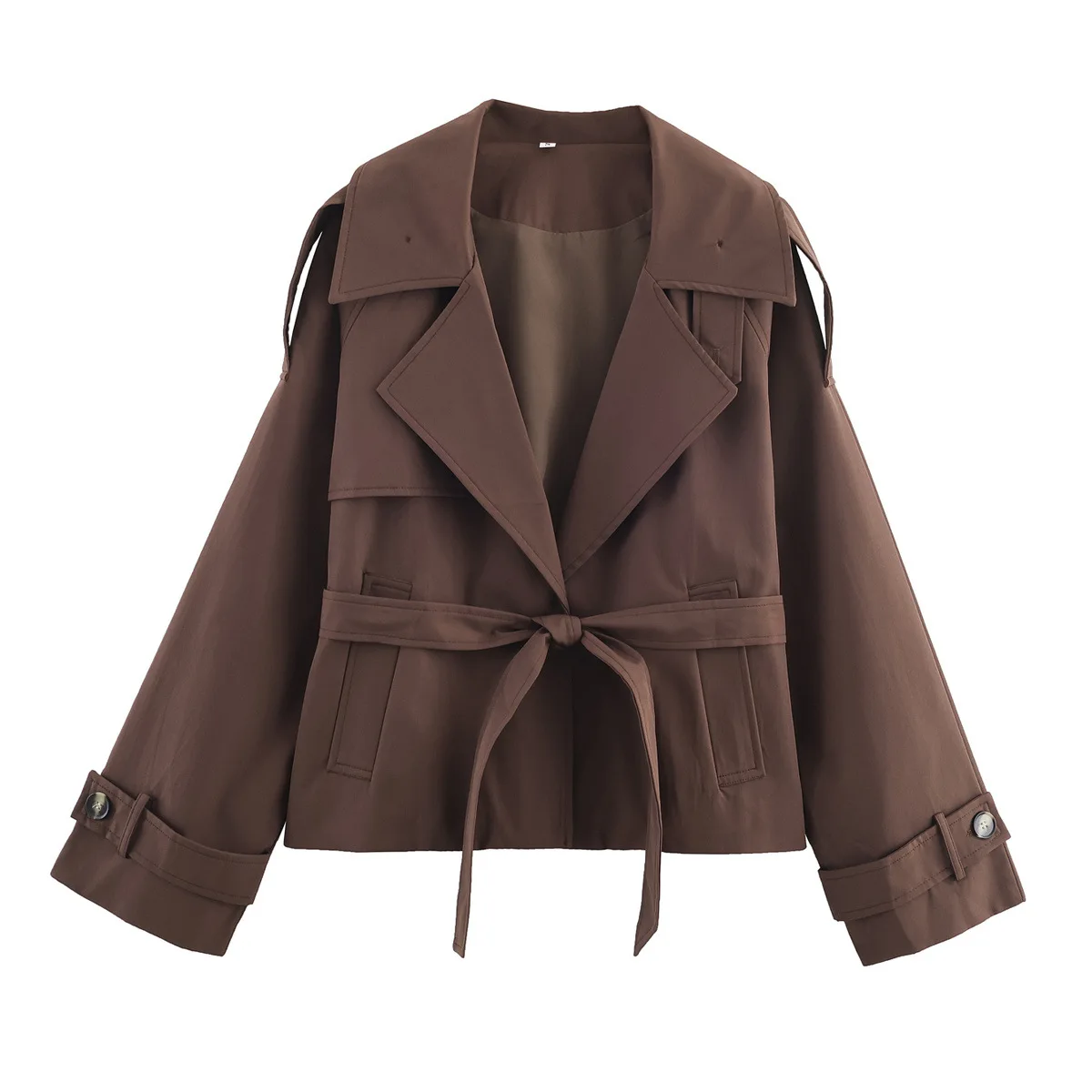 

Fashion Belted Cropped Trench Coat For Women Casual Lapel Double Breasted Pockets Acket Lady Autumn Chic Street Outerwear