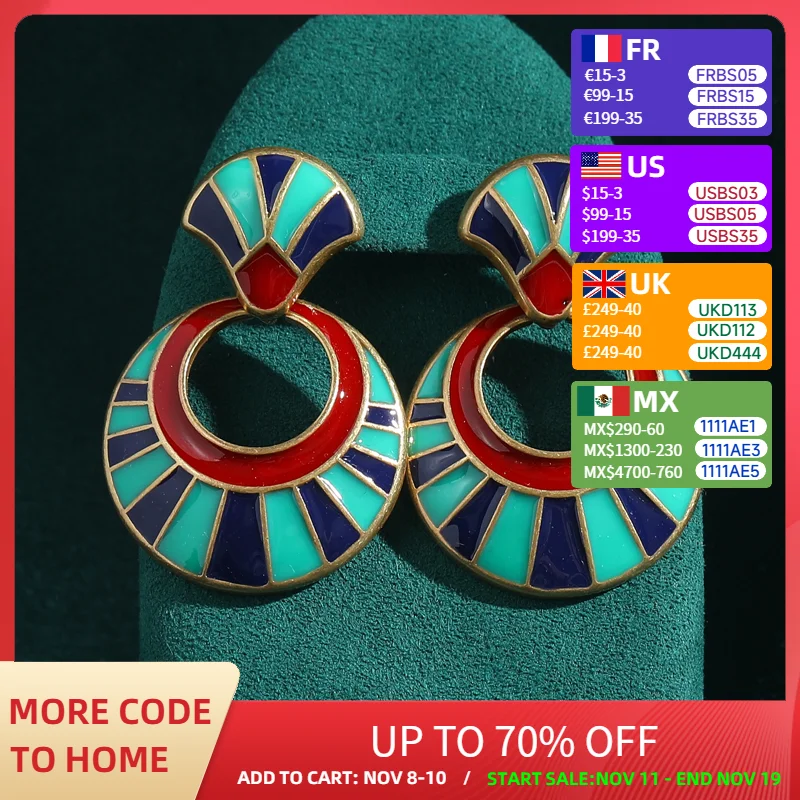 

Luxury Designer Jewelry Big Green Circle Dangle Earrings Woman Antique Gold Color Black Enamel Vintage Fashion Accessories Charm