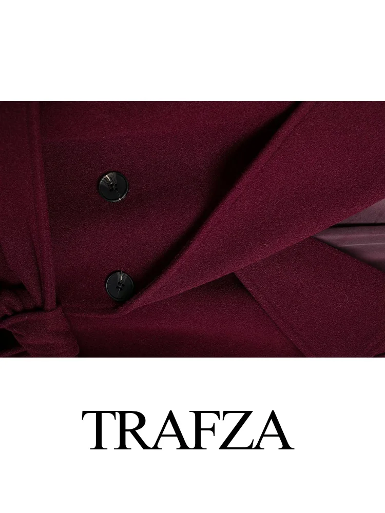 TRAFZA 2024 Women Wine Red Tweed Coat With Belt Turn-Down Collar Long Sleeve Pocket Double Breasted Female High Street Outerwear