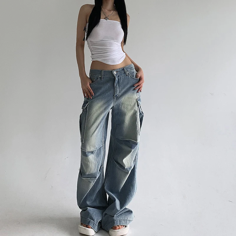 American Style Pleated Washed Parachute Jeans Women's High Waisted Loose Wide Leg Large Pocket Workwear Pants