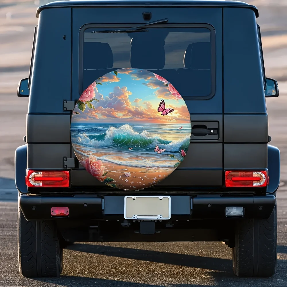 Butterfly Rose Ocean Sunset Spare Tire Cover Universal Waterproof Polyester Protector for Cars