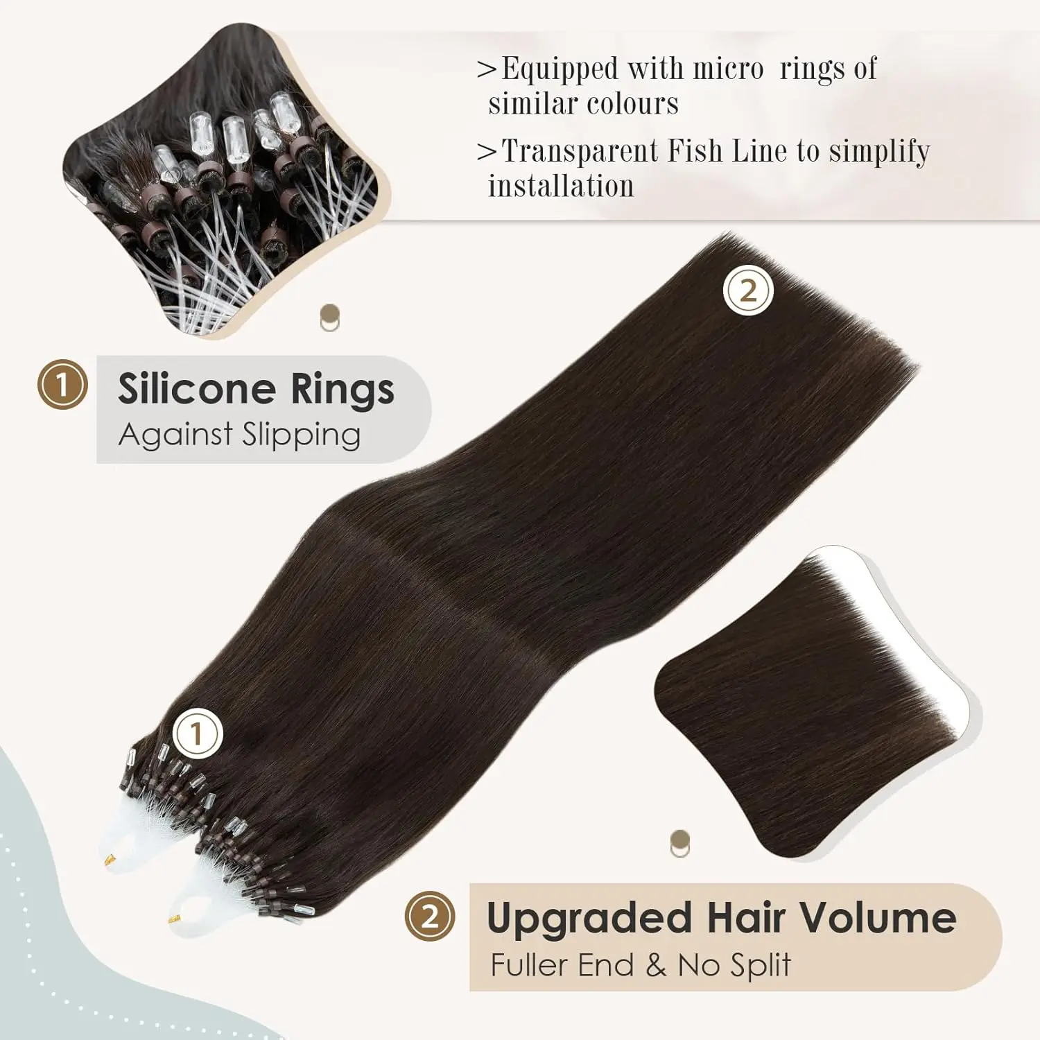 Micro Loop Human Hair Extensions - 50 Strands Thick Straight Clip-In Hair for Instant Volume & Length