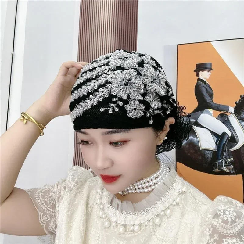 2024 Glitterเพชรเย็บปักถักร้อยลูกไม้Turbanหมวกผู้หญิงมุสลิมHeadscarfหัวห่อหมวกหญิงทุกวันหมวกผมฝาครอบหมวก