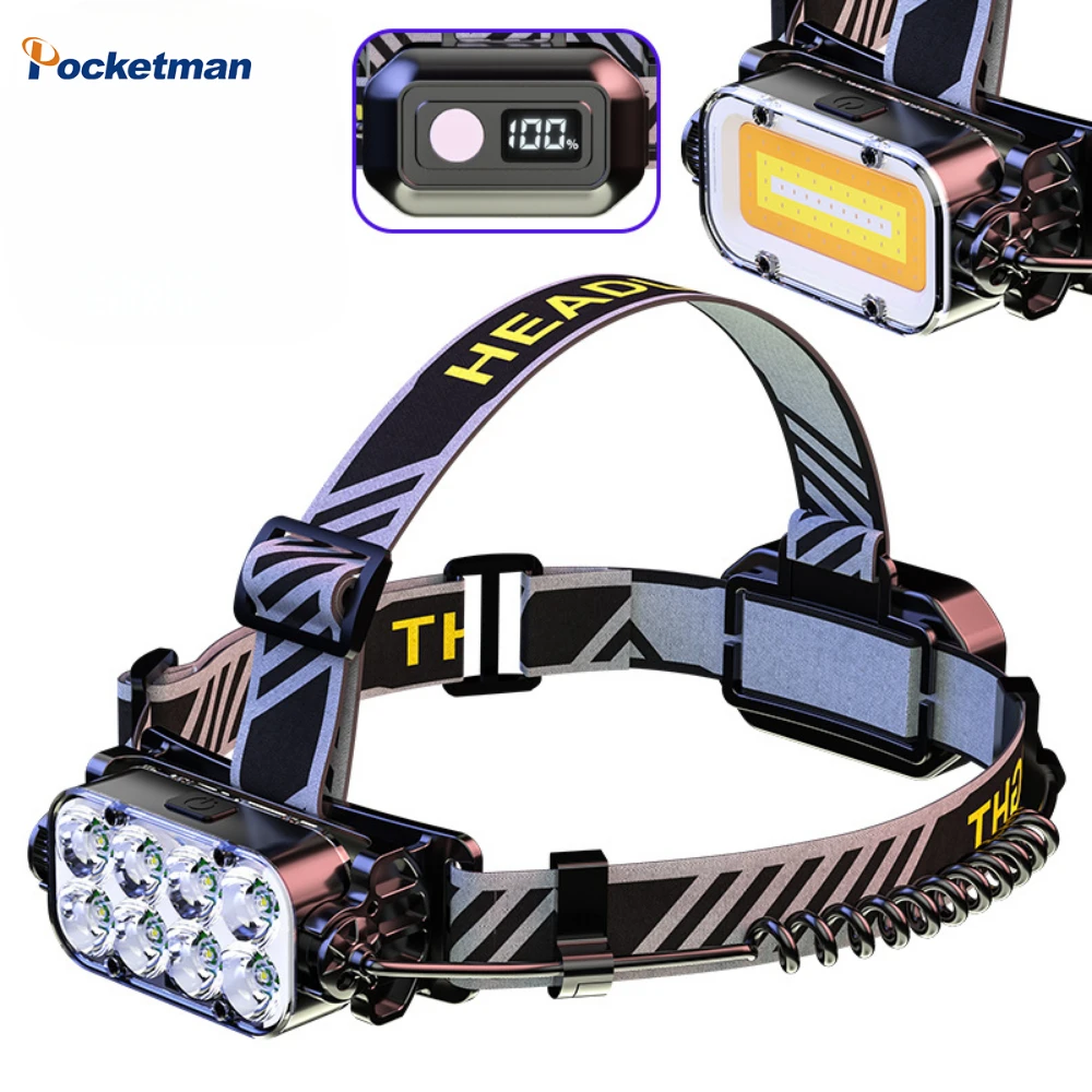 

LED Headlamp Double-sided Regulation Headlight Digital Display Rechargeable Head Torch Waterproof Camping Fishing Head Light