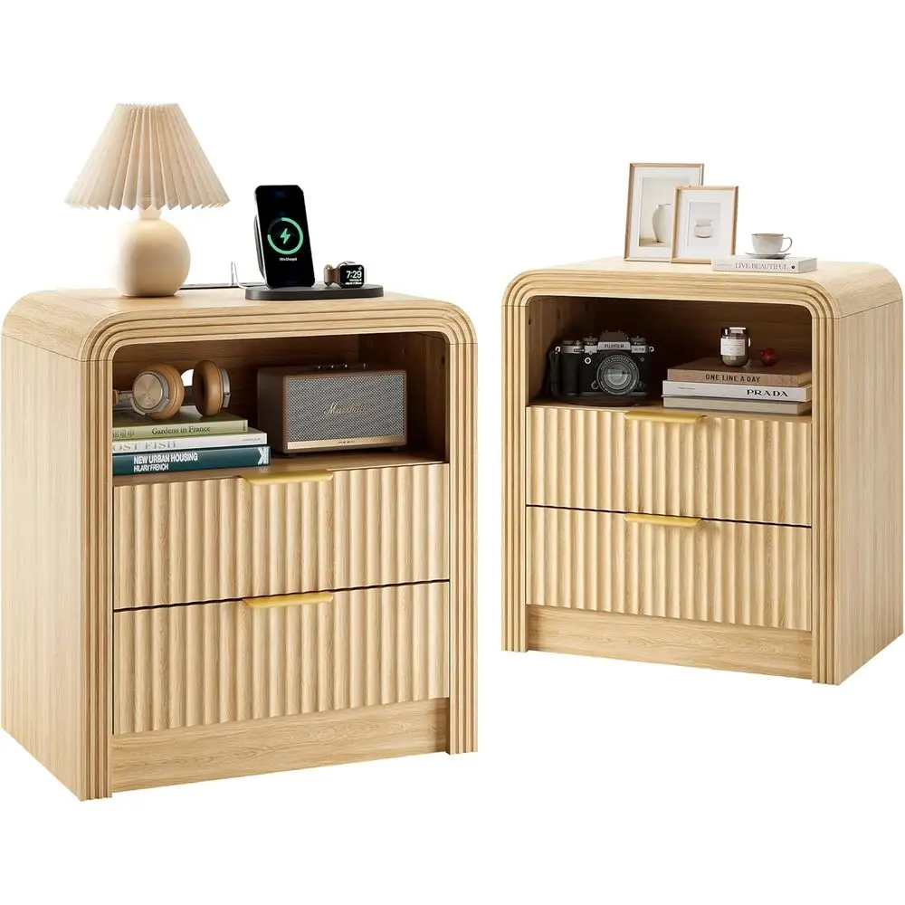 Modern 2-Piece Nightstand Set with Charging Station, 19.7 Wide, USB/Type-C Ports, Drawers & Shelf, Curved Design, Wood Bedroom T