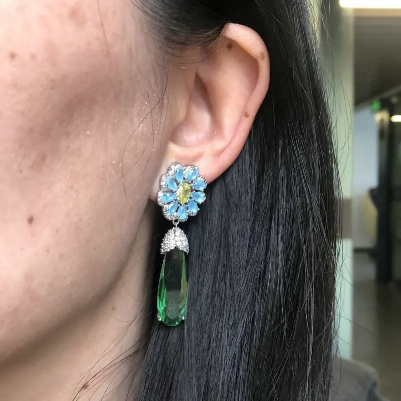 Bilincolor Fashion Blue Flower and Green Zirconia Dangling Drop Earring for Women