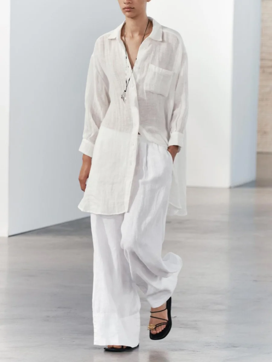 새로운 여름 여성 캐주얼 와이드 레그 팬츠 신축성있는 허리 심플 매치 스트레이트 컷 롱 바지 편안한 패션 통근 스타일