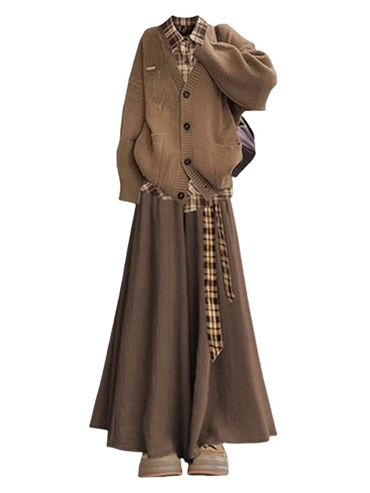 Inverno camisola de malha xadrez irt preguiçoso cinto casual saia calças t peça conjunto feminino faion conjunto faculdade sle