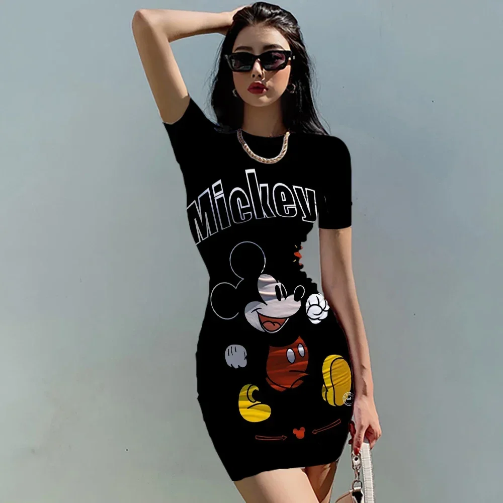 Disney-Mini vestido Minnie Mickey Mouse Bodycon feminino, gola redonda, manga curta, bolsa sexy, festa hip, clubwear, vestidos finos, verão, 2022