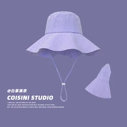 Retro Contrasting Color Plaid Drawstring Bucket Hats Men Summer Travel Versatile Casual Sun Protection Large Brim Women's Caps