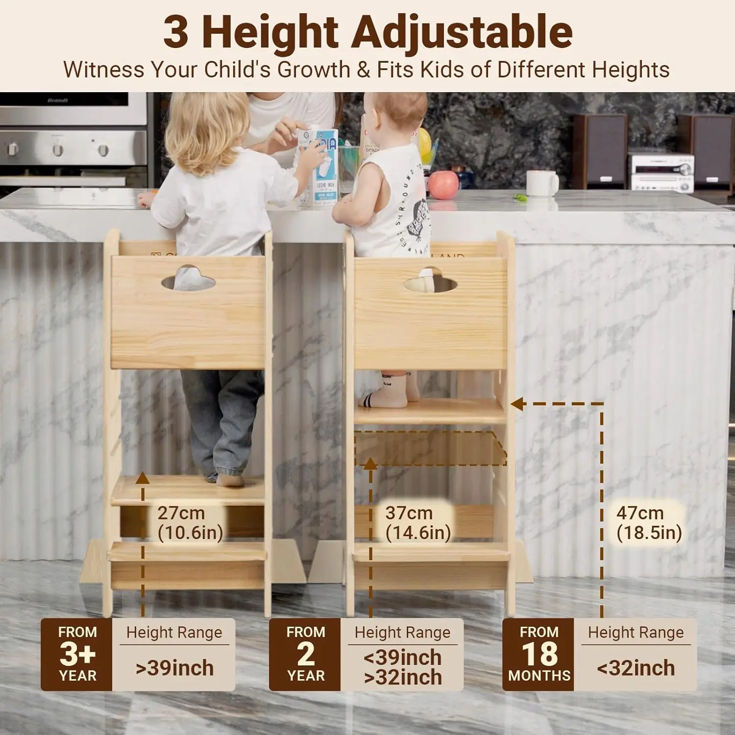 Cosyland Toddler Standing Tower Adjustable Height - Super Stable Toddler Kitchen Stool Helper - 3 Levels Adjustable Wooden