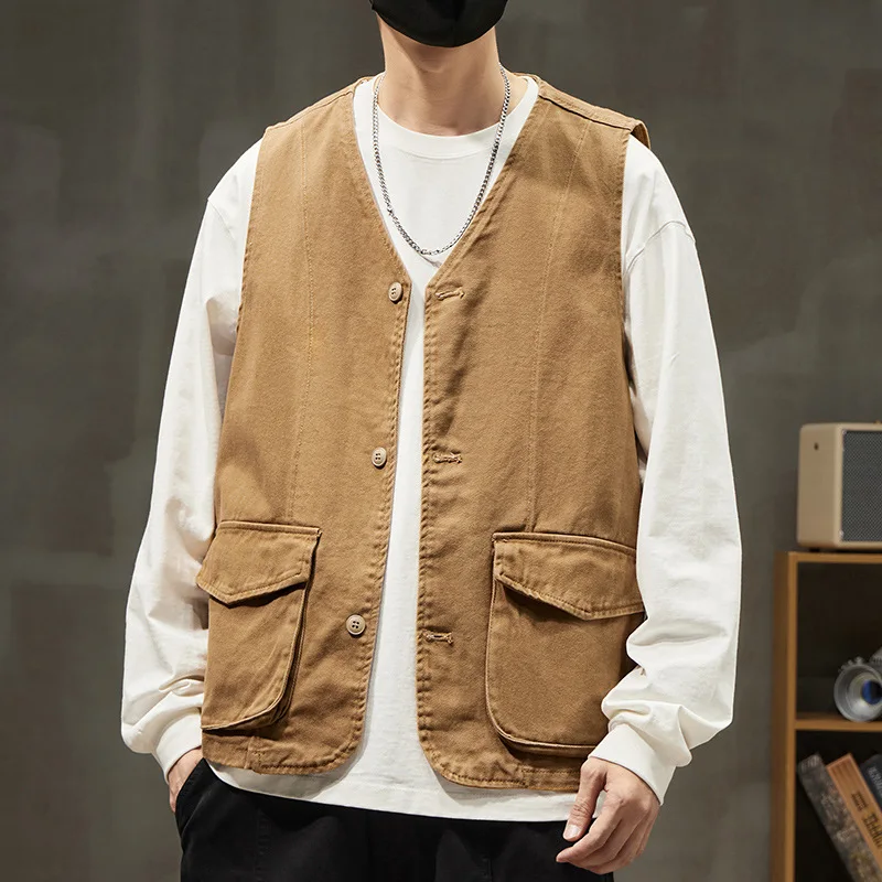 

Мужская модная хлопковая осенняя верхняя одежда, новый черный однотонный жилет в стиле ретро, американский стиль, весна-осень