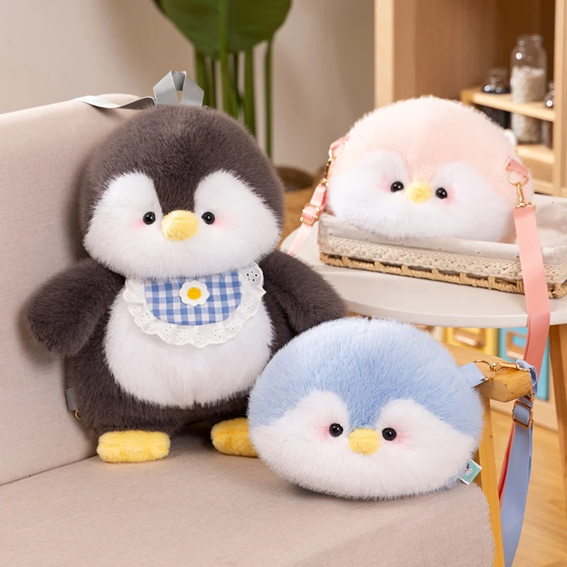 Pinguïn pluche rugzak pluizige slabbetje cartoon dierentas blauw roze zwart Plushie Peluche schooltas cadeau
