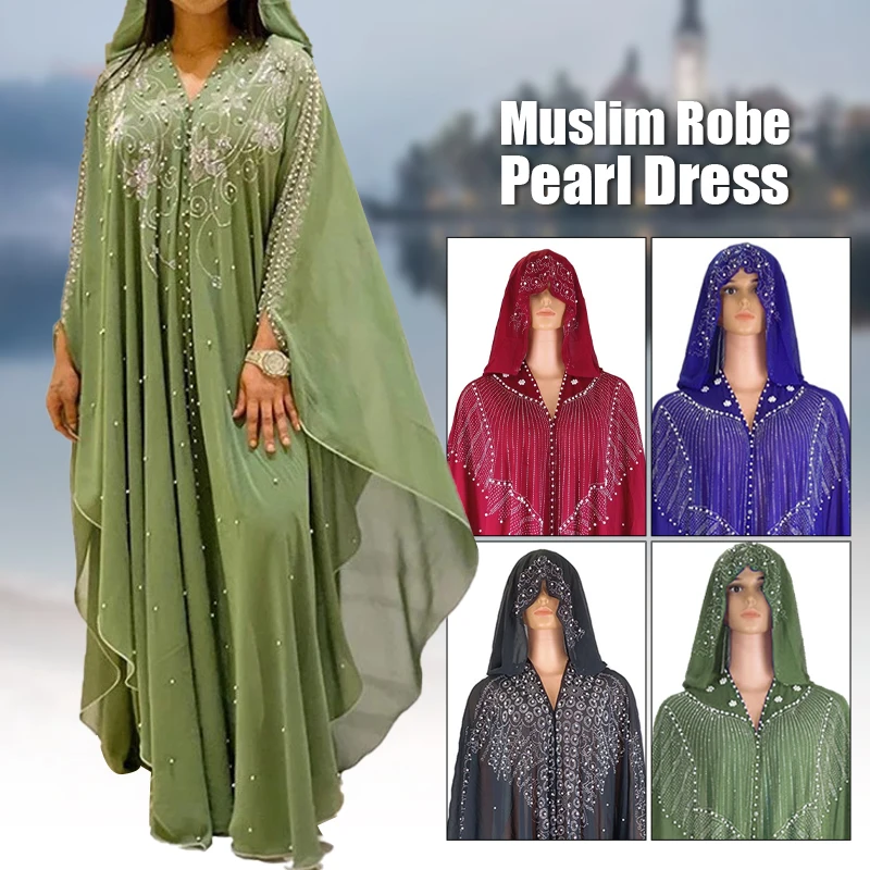 Women Muslim Dress Long African Dress Pearl  Rhinestones Formal Muslim Robe Gown Kaftan Arab Jilbab Abaya Islamic Maxi Dress