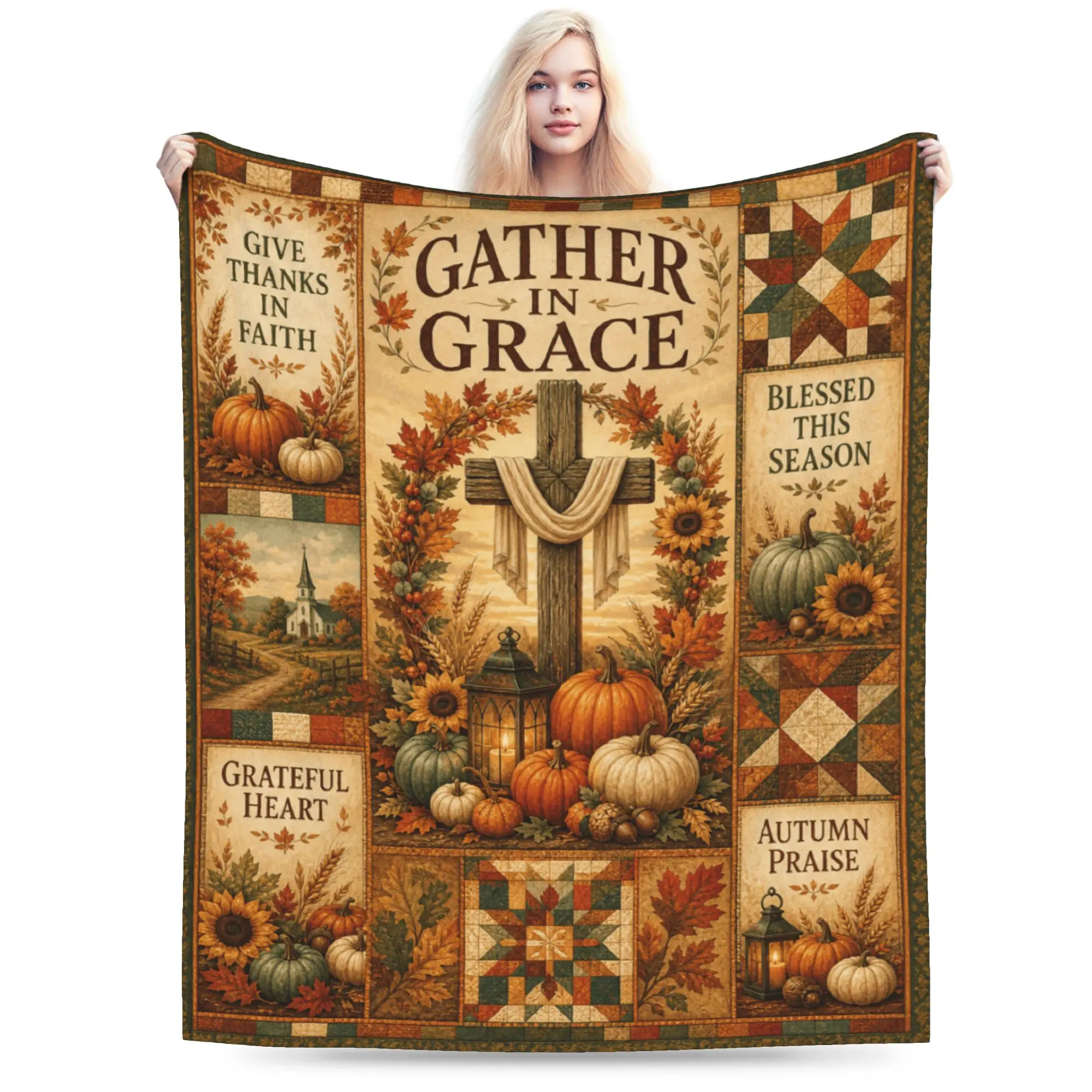 Christian Fall Throw Blanket Autumn Pumpkin Cross Thanksgiving Gifts for Women Jesus Reiligous Blanket Grateful Healing Gift