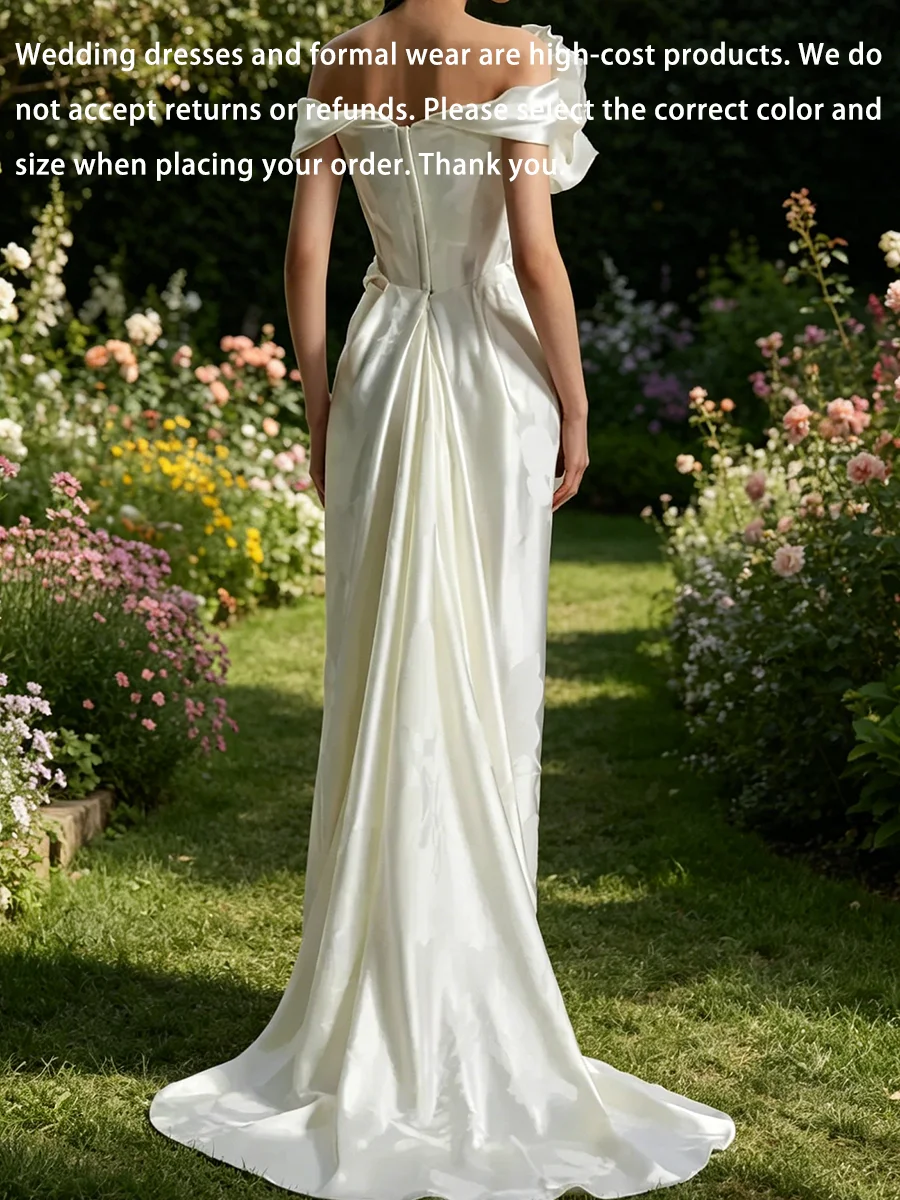 Elegant Off The Shoulder Satin Flowers Ruched Straight Bride Wedding Dresses Bridal Gowns Customized
