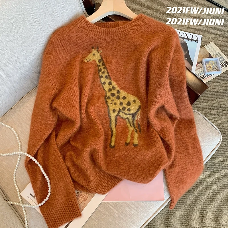 Women Print Pullover Knitted Sweater Harajuku Y2k Long Sleeves O-Neck Sweater Jumper Vintage 2000s Aesthetic Clothes Autumn 2024