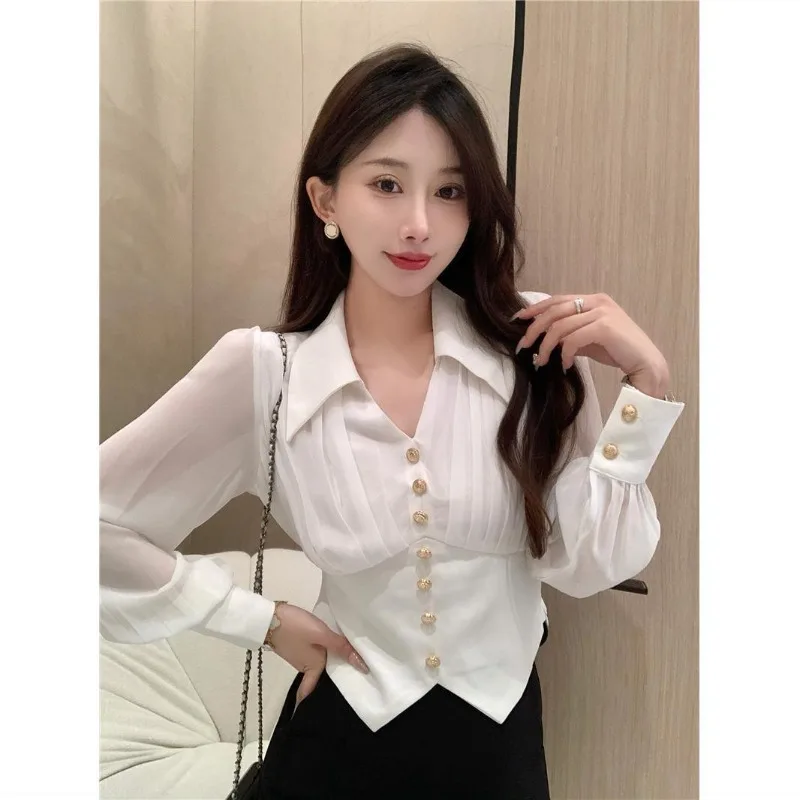 2023 New Fashion White Black Elegant Chic Sweet Shirts for Women Spring Autumn French Temperament Slim Long Sleeve Blouse Top