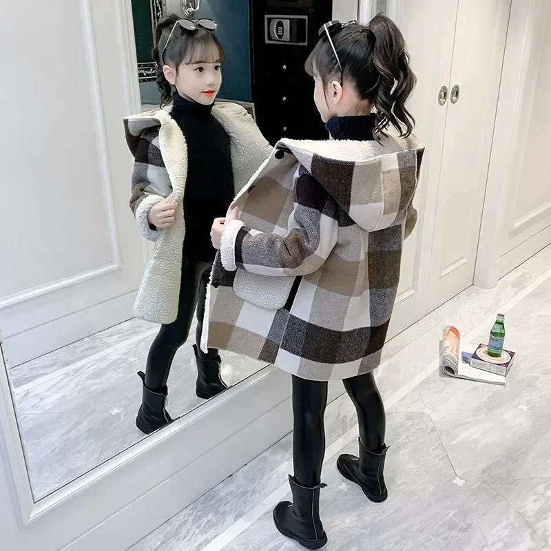 Autumn Winter Girls Hairy Coat Fashion Design Long Coat for Girls Kids Outerwear Grid Pattern Warm Winter Jacket Coats 4-12T