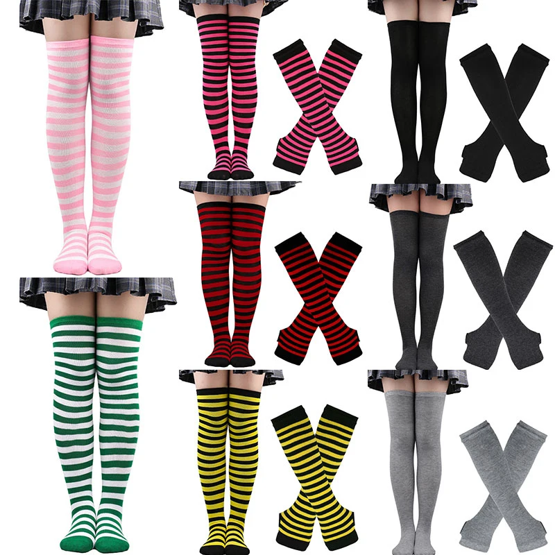 

1 Set Women Girls Over Knee Long Stripe Printed Thigh High Cotton Socks Arm Sleeve Gloves Sweet Cute Overknee Socks Halloween