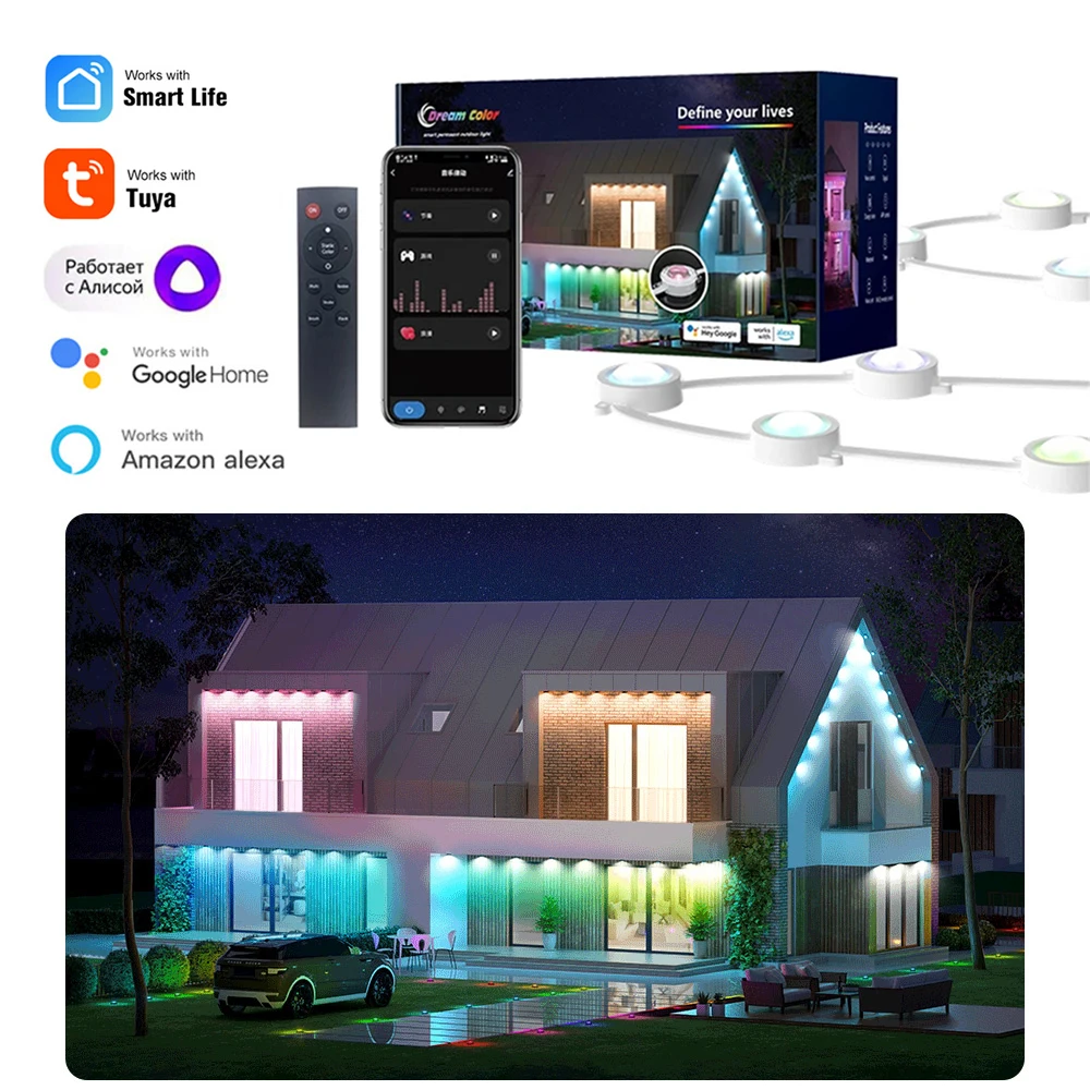 Tuya WiFi Outdoor Eaves Lights,15M 30 LED IP67 Waterproof,RF433,Smart Life DIY Auto Scene Starry Outdoor Lights Works with Alexa