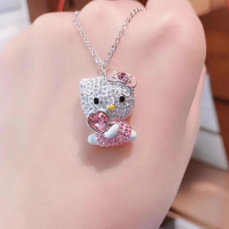 hello kitty charms cat head love necklace light luxury Austrian crystal pink diamond pendant for ladies cute anime birthday gift