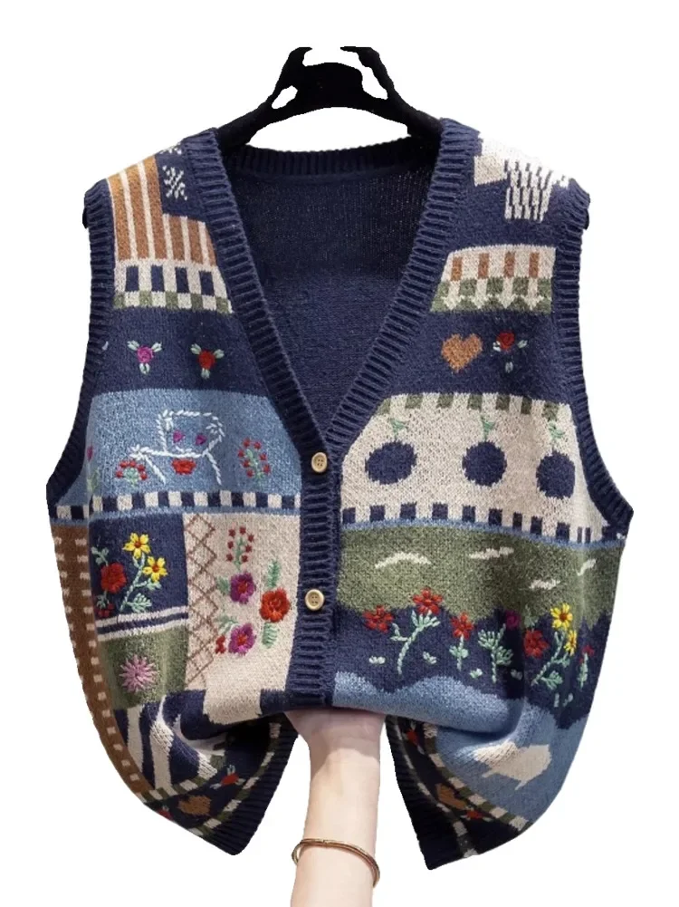 V-neck Knitted Cardigan Vest for Women 2023 Spring Autumn Cartoon Loose Outer Wear Vest Graffiti Sweater Vest Tide Top