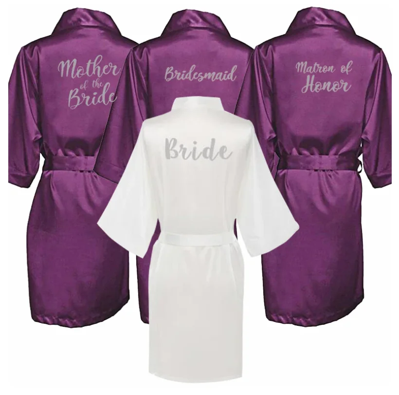 Neue lila Robe Silber schriftlich Mutter des Bräutigams Roben Hochzeit kurze Braut Kimono Brautjungfer Satin Robe Drop Shipping