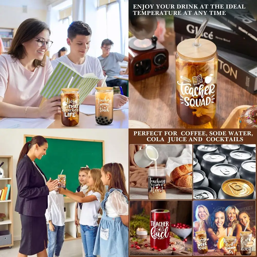 

Bulk 24 Pack 16 oz Glass Teacher Appreciation Cups with Lids, Straws & Brushes - Cute Christmas Gifts