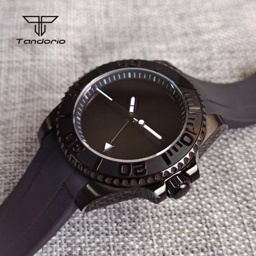 Tandorio GMT Black Pvd Simple Style Automatic NH34 Men\'s Mechanical Watch Sapphire Sterile Dial Wristwatch Ceramic Bezel Rubber