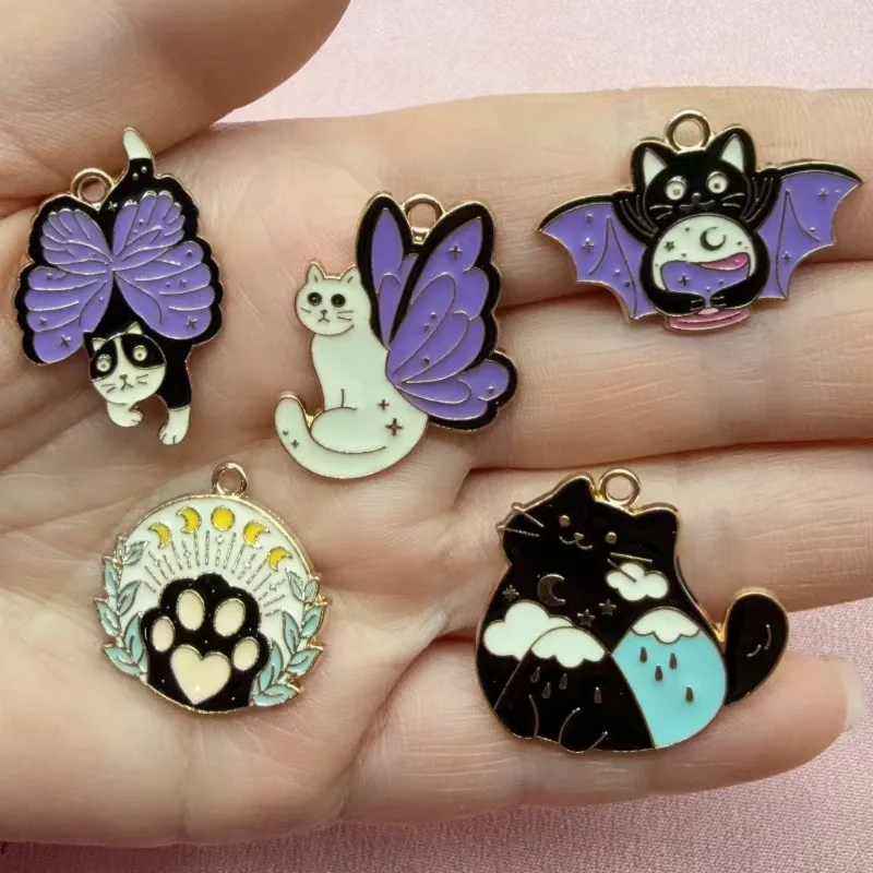 10 pièces d'accessoires de bijoux édition coréenne, motifs Papillon, Chat, Amour, pendentifs émail goutte d'huile pour boucles d'oreilles et colliers, matériel DIY, style dessin animé mignon
