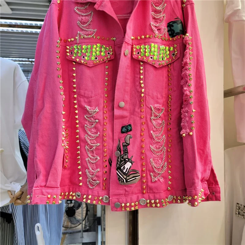 RapWork-Veste en jean à rivets pour femme, vêtement en denim, couleur rose, rouge, blanc, avec grandes poches