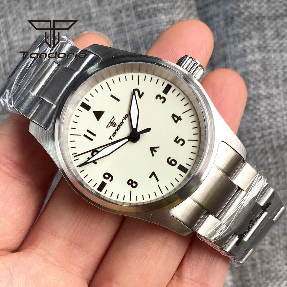 Tandorio NH35A Stainless Steel 36mm Pilot Full Green Luminous Dial 20bar Dive Automatic Men Watch Sapphire Glass Butterfly Clasp