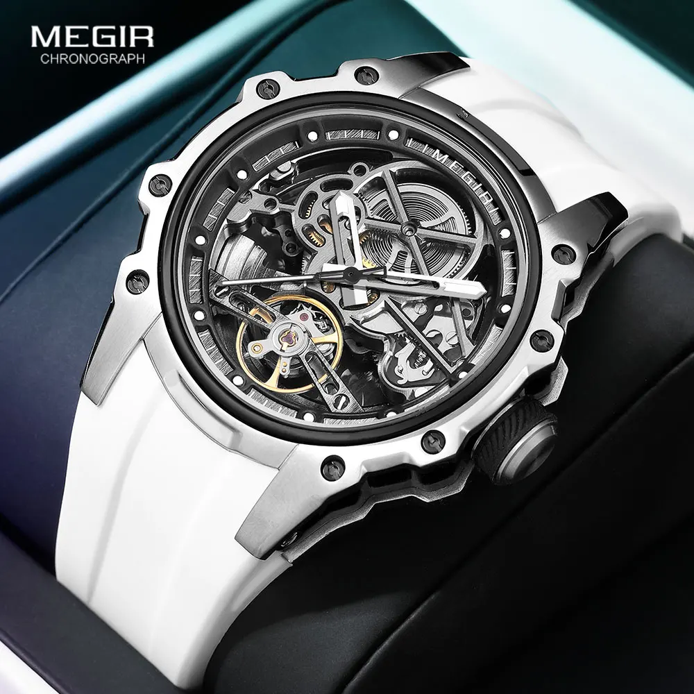 MEGIR Sports Automatic Mechanical Watch for Men Fashion Stainless Steel Cased Wristwatch with White Silicone Strap Skeleton Dial